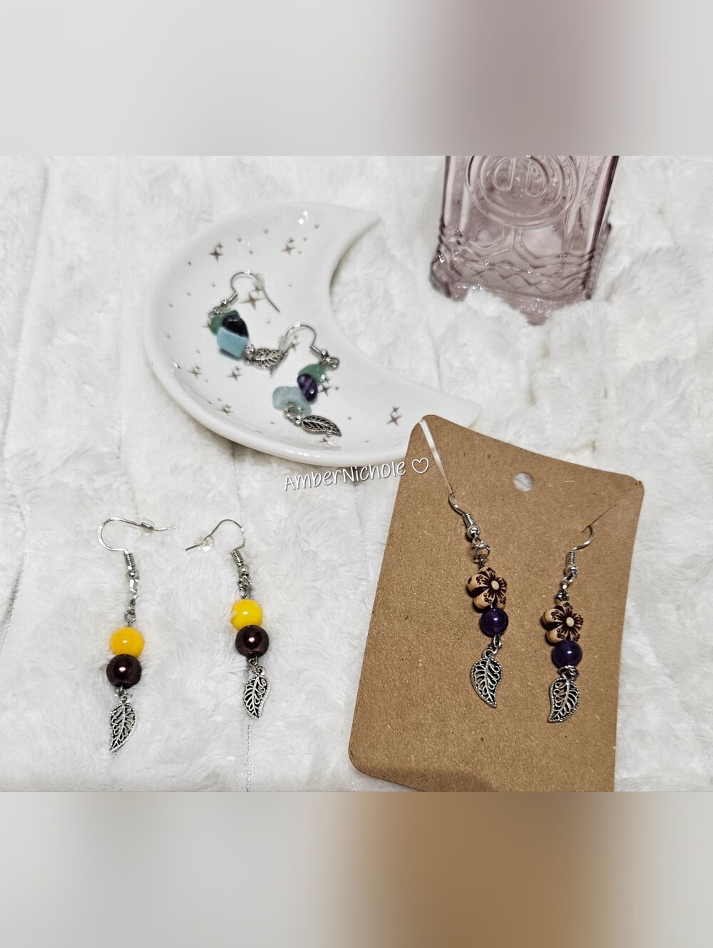 ☆Handmade Purple and Wood Bead Dangle Earrings with Silver Leaf Charm